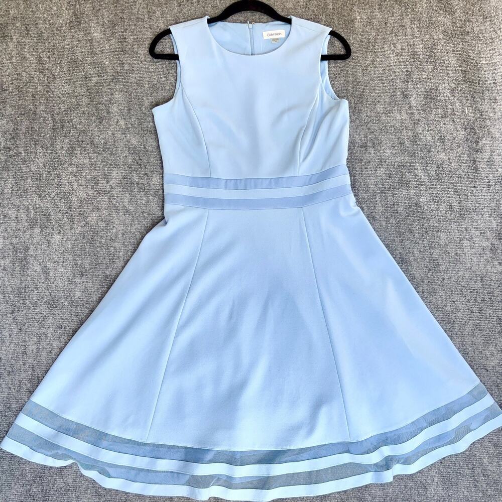 Calvin Klein Dress Womens 10 Light Blue Fit Flare Sleeveless Mesh Hem Cocktail